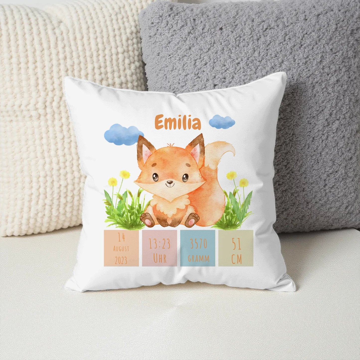Personalisiertes Geburtskissen: Fuchskids (40x40cm Baumwolle) Little Mathilda Little Mathilda Kissen