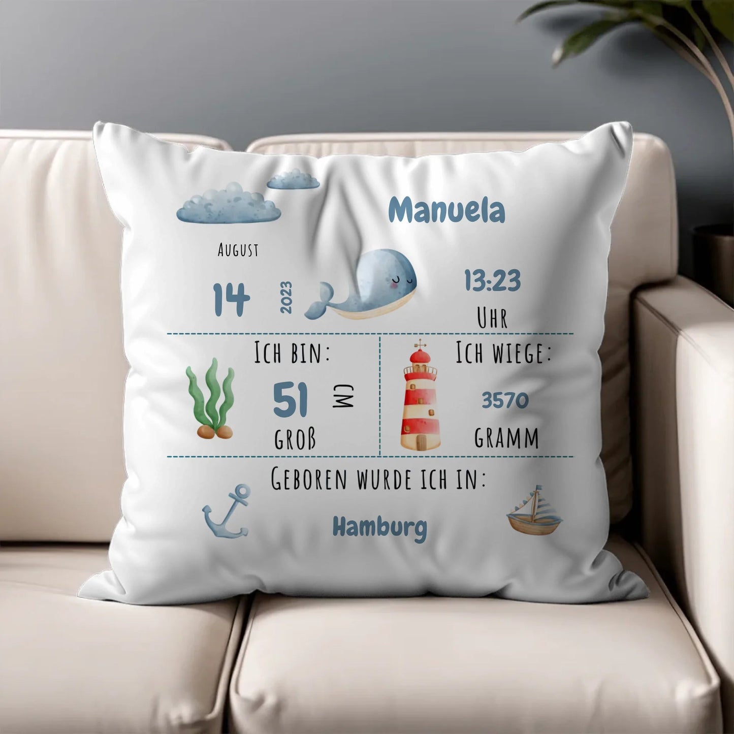 Personalisiertes Geburtskissen: Meerestiere & Waldtiere (40x40cm Baumwolle) Little Mathilda Little Mathilda Kissen