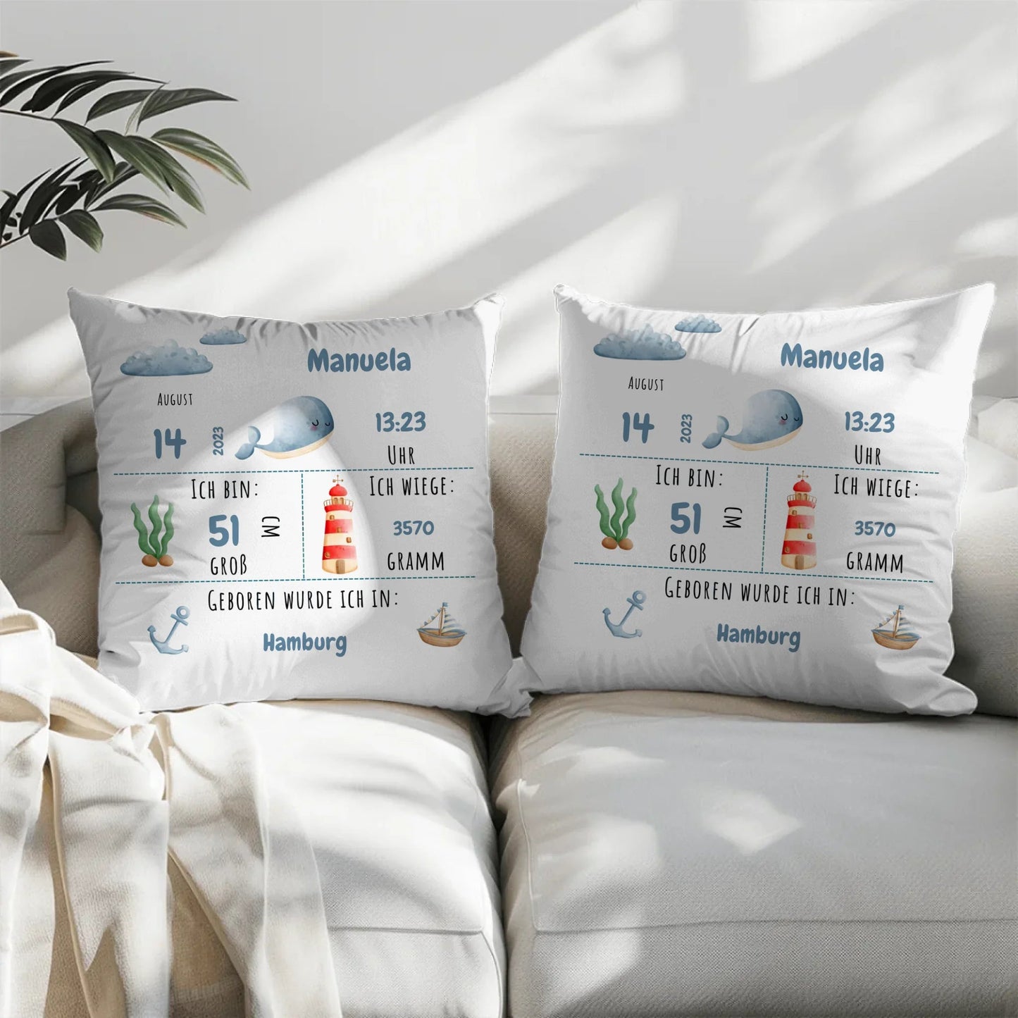 Personalisiertes Geburtskissen: Meerestiere & Waldtiere (40x40cm Baumwolle) Little Mathilda Little Mathilda Kissen