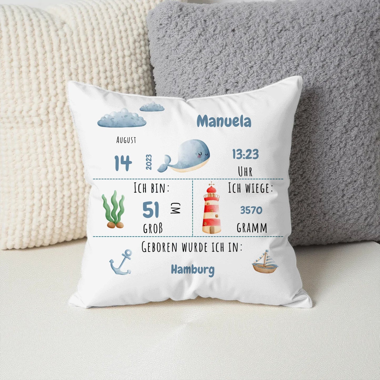 Personalisiertes Geburtskissen: Meerestiere & Waldtiere (40x40cm Baumwolle) Little Mathilda Little Mathilda Kissen