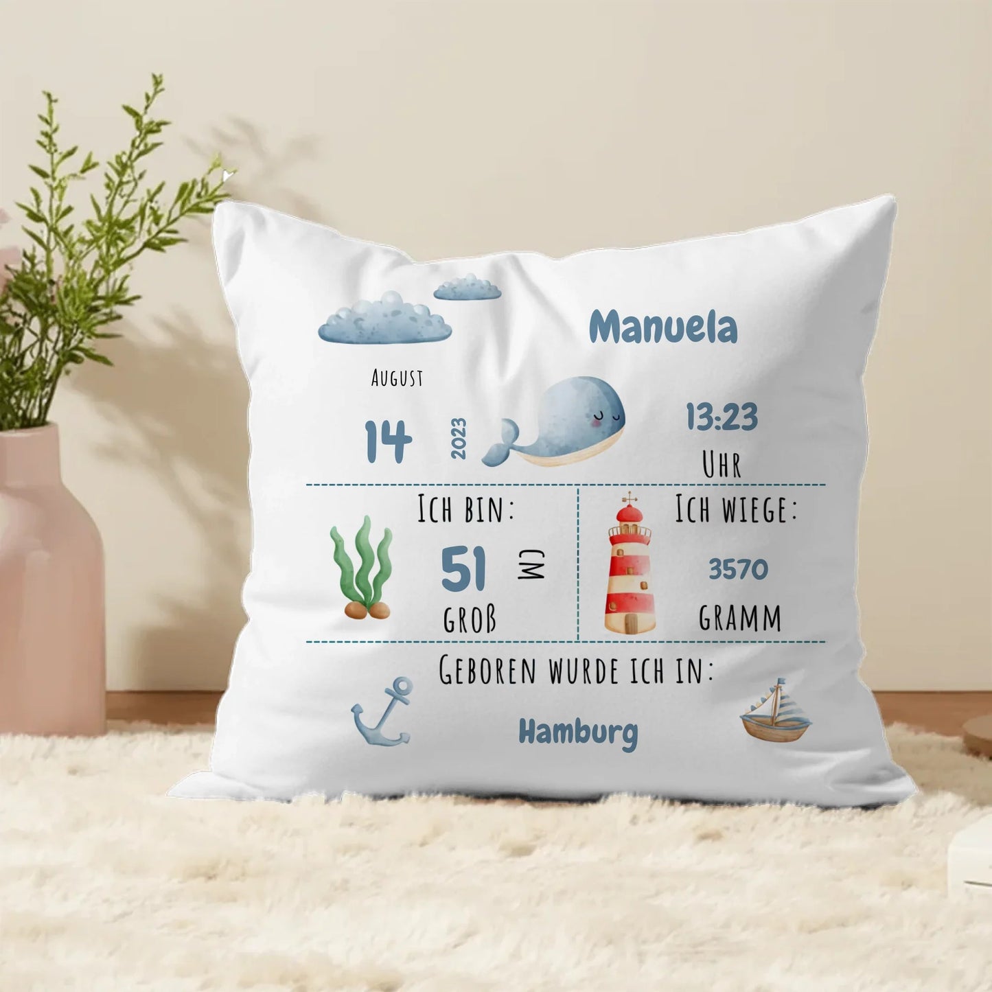 Personalisiertes Geburtskissen: Meerestiere & Waldtiere (40x40cm Baumwolle) Little Mathilda Little Mathilda Kissen