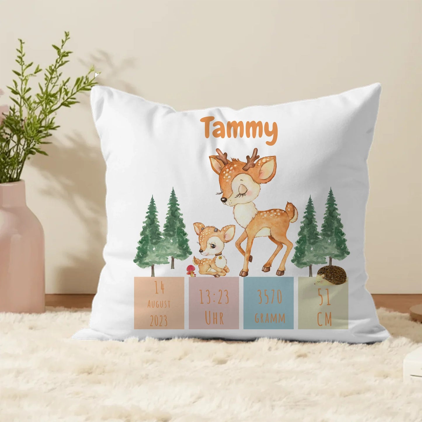 Personalisiertes Geburtskissen: Rehfamilie (40x40cm Baumwolle) Little Mathilda Little Mathilda Kissen