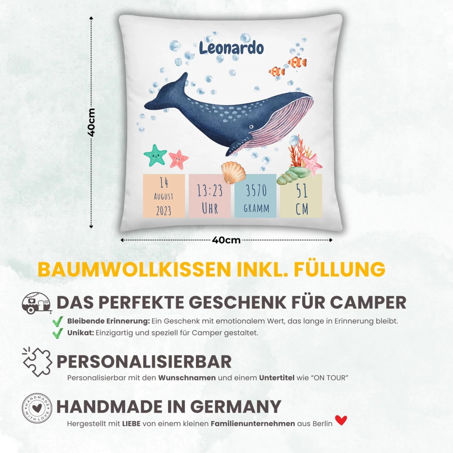 Personalisiertes Geburtskissen Wal – Name, Datum, Uhrzeit & Gewicht Little Mathilda Little Mathilda Kissen