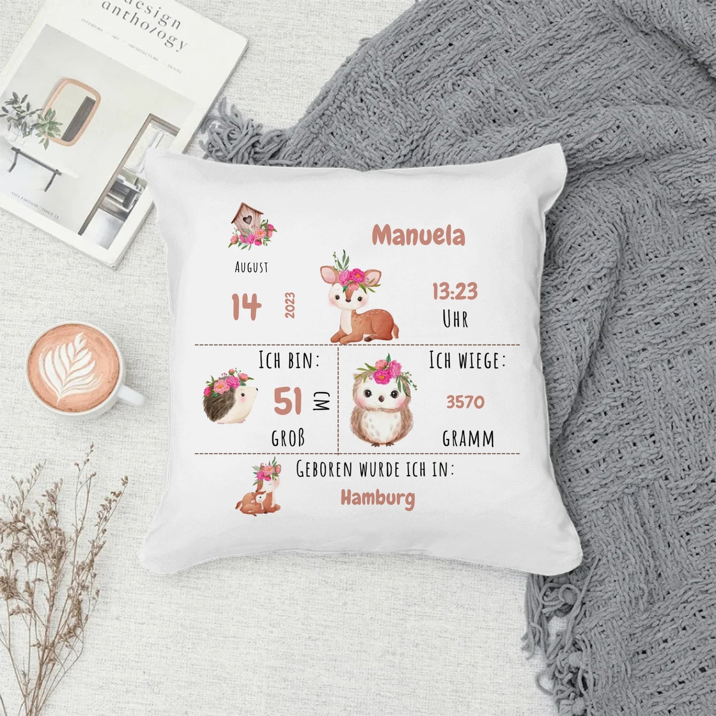Personalisiertes Geburtskissen: Waldtiere (40x40cm Baumwolle) Little Mathilda Little Mathilda Kissen