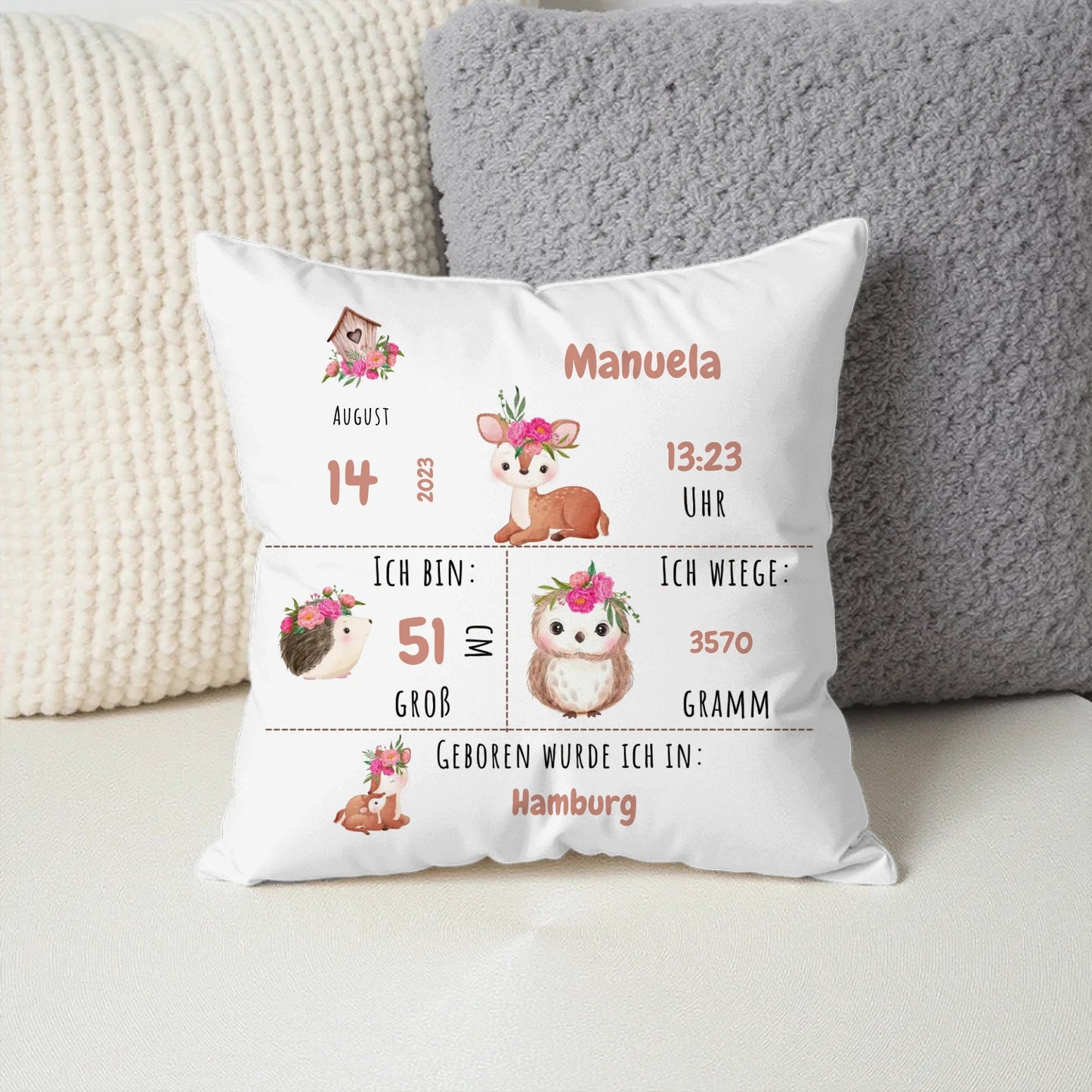 Personalisiertes Geburtskissen: Waldtiere (40x40cm Baumwolle) Little Mathilda Little Mathilda Kissen