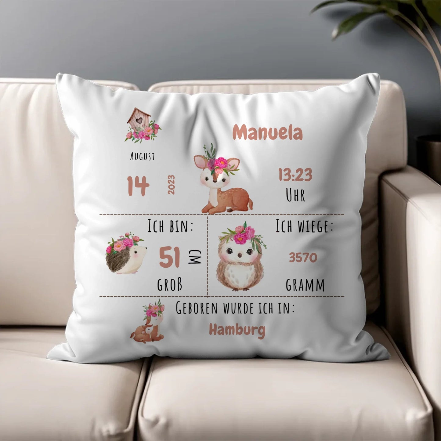 Personalisiertes Geburtskissen: Waldtiere (40x40cm Baumwolle) Little Mathilda Little Mathilda Kissen