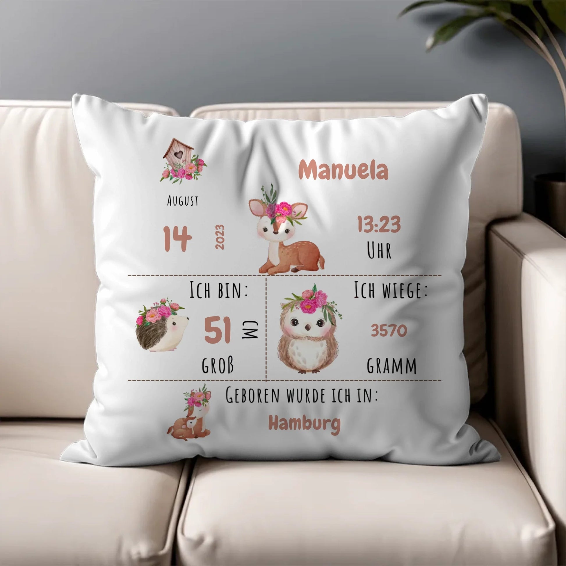 Personalisiertes Geburtskissen: Waldtiere (40x40cm Baumwolle) Little Mathilda Little Mathilda Kissen