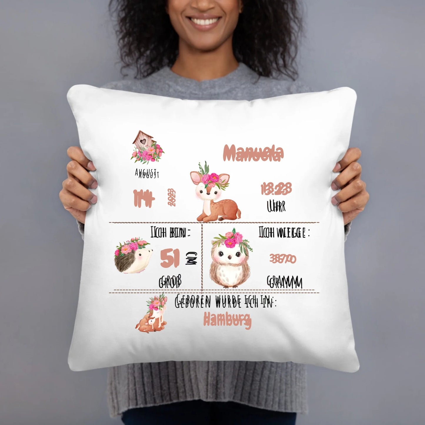 Personalisiertes Geburtskissen: Waldtiere (40x40cm Baumwolle) Little Mathilda Little Mathilda Kissen
