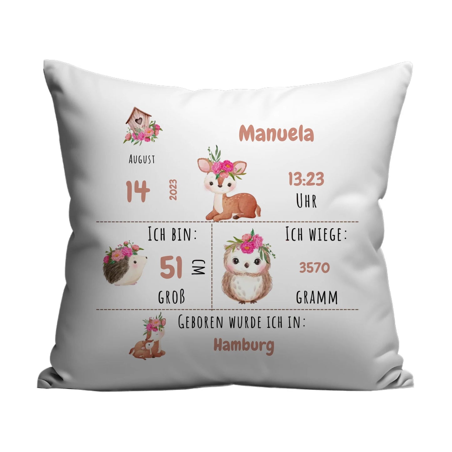 Personalisiertes Geburtskissen: Waldtiere (40x40cm Baumwolle) Little Mathilda Little Mathilda Kissen