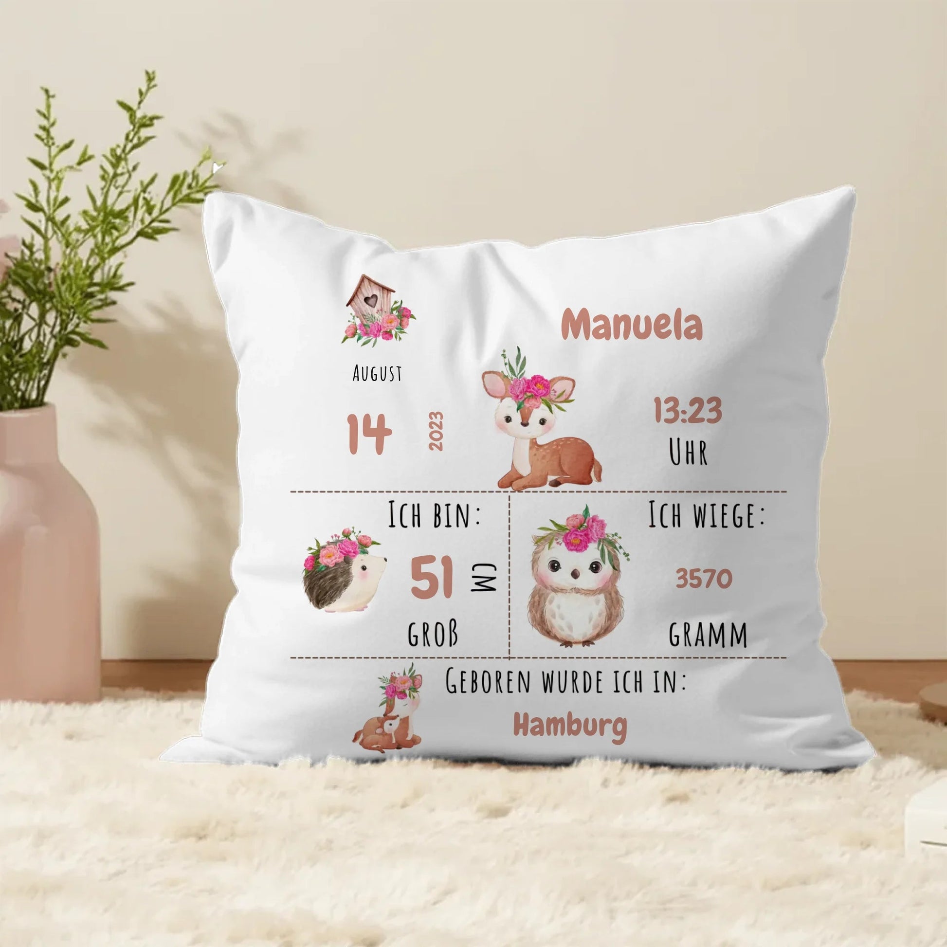 Personalisiertes Geburtskissen: Waldtiere (40x40cm Baumwolle) Little Mathilda Little Mathilda Kissen