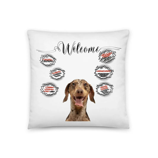 Personalisiertes Kissen Willkommen mit Wunschfoto vom Hund und witzigen Sprechblasen Little Mathilda Little Mathilda Kissen