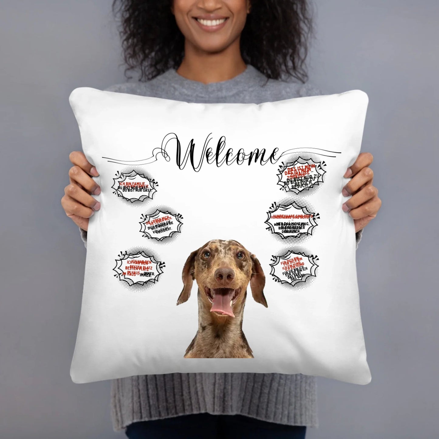 Personalisiertes Kissen Willkommen mit Wunschfoto vom Hund und witzigen Sprechblasen Little Mathilda Little Mathilda Kissen