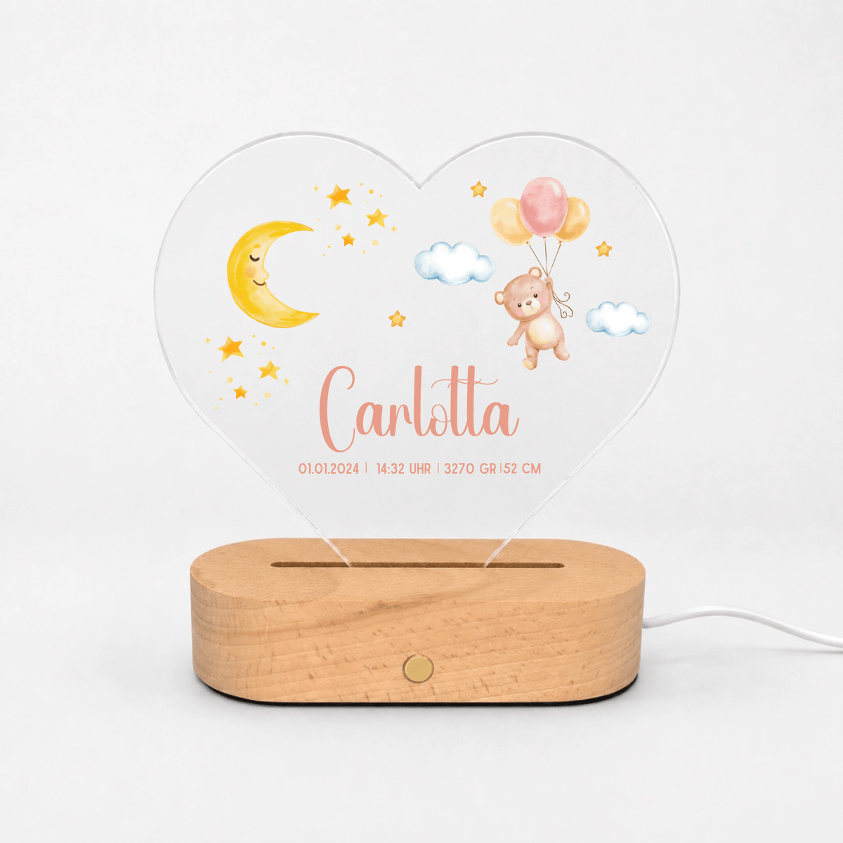 Personalisiertes Acryl-Nachtlicht Herzform mit Namen & Geburtsdaten Little Mathilda Little Mathilda Nachtlicht