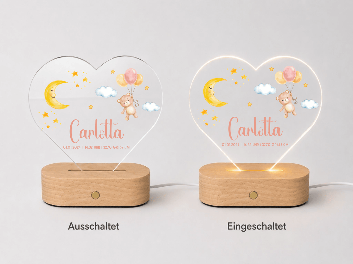 Personalisiertes Acryl-Nachtlicht Herzform mit Namen & Geburtsdaten Little Mathilda Little Mathilda Nachtlicht
