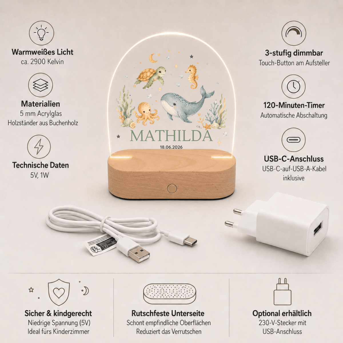 Personalisiertes Nachtlicht mit Name & Datum – Wal und Meerestiere Little Mathilda Little Mathilda Nachtlicht