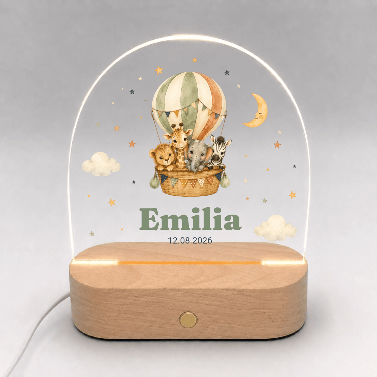 Personalisiertes Nachtlicht mit Namen und Datum – Safari-Tiere im Heißluftballon Little Mathilda Little Mathilda Nachtlicht