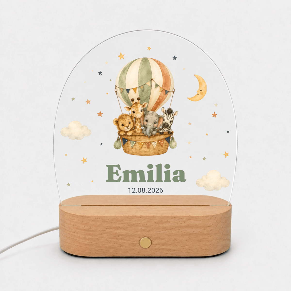 Personalisiertes Nachtlicht mit Namen und Datum – Safari-Tiere im Heißluftballon Little Mathilda Little Mathilda Nachtlicht