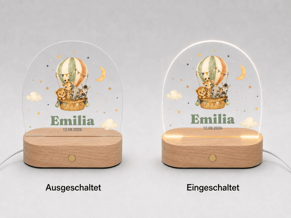 Personalisiertes Nachtlicht mit Namen und Datum – Safari-Tiere im Heißluftballon Little Mathilda Little Mathilda Nachtlicht