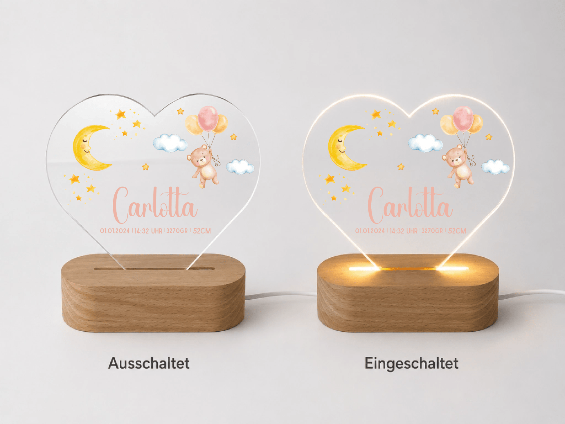 Personalisiertes Acryl - Nachtlicht Herzform mit Namen & Geburtsdaten Little Mathilda Little Mathilda