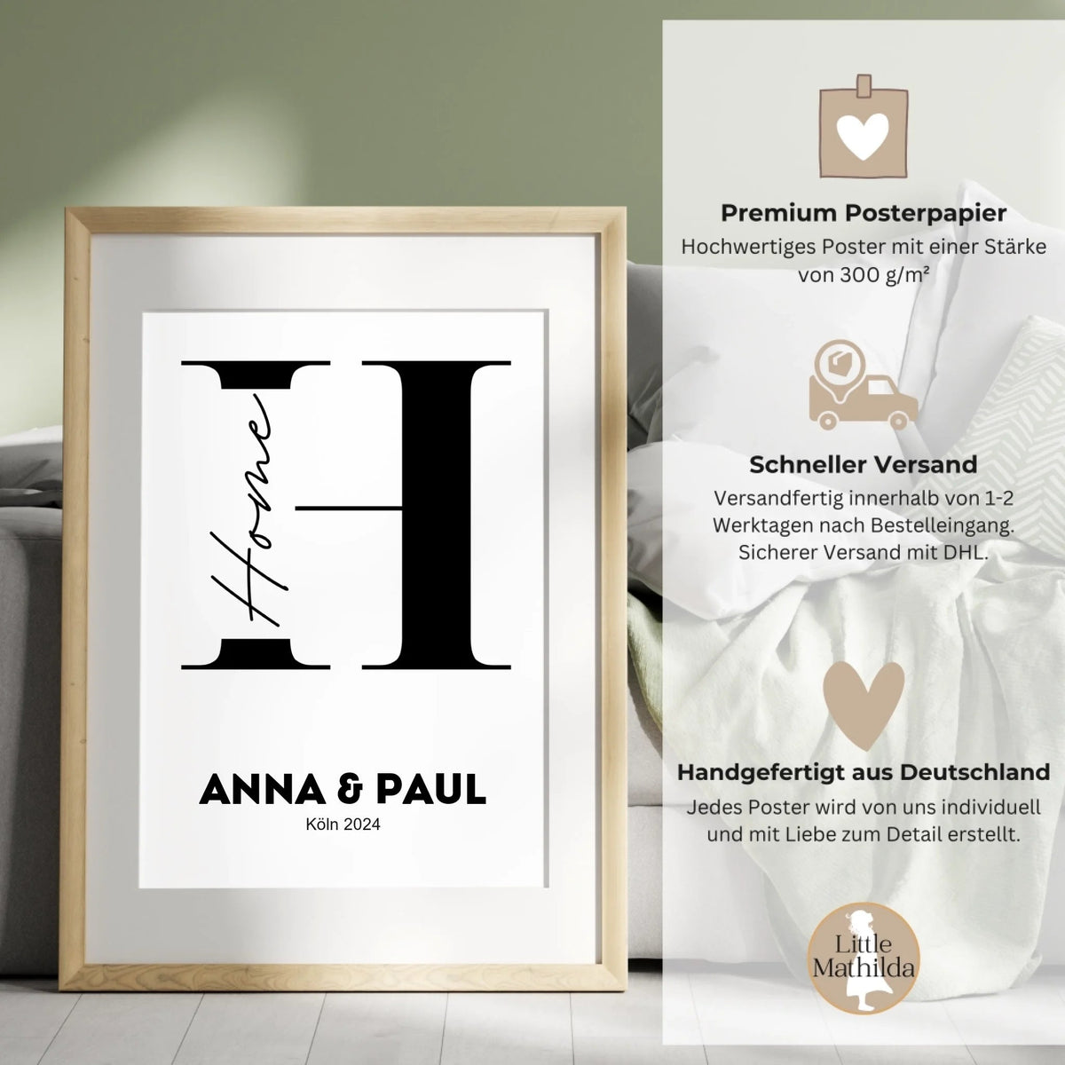 Minimalistisches Poster "HOME" in schwarz weiß mit Namen Little Mathilda Little Mathilda Poster
