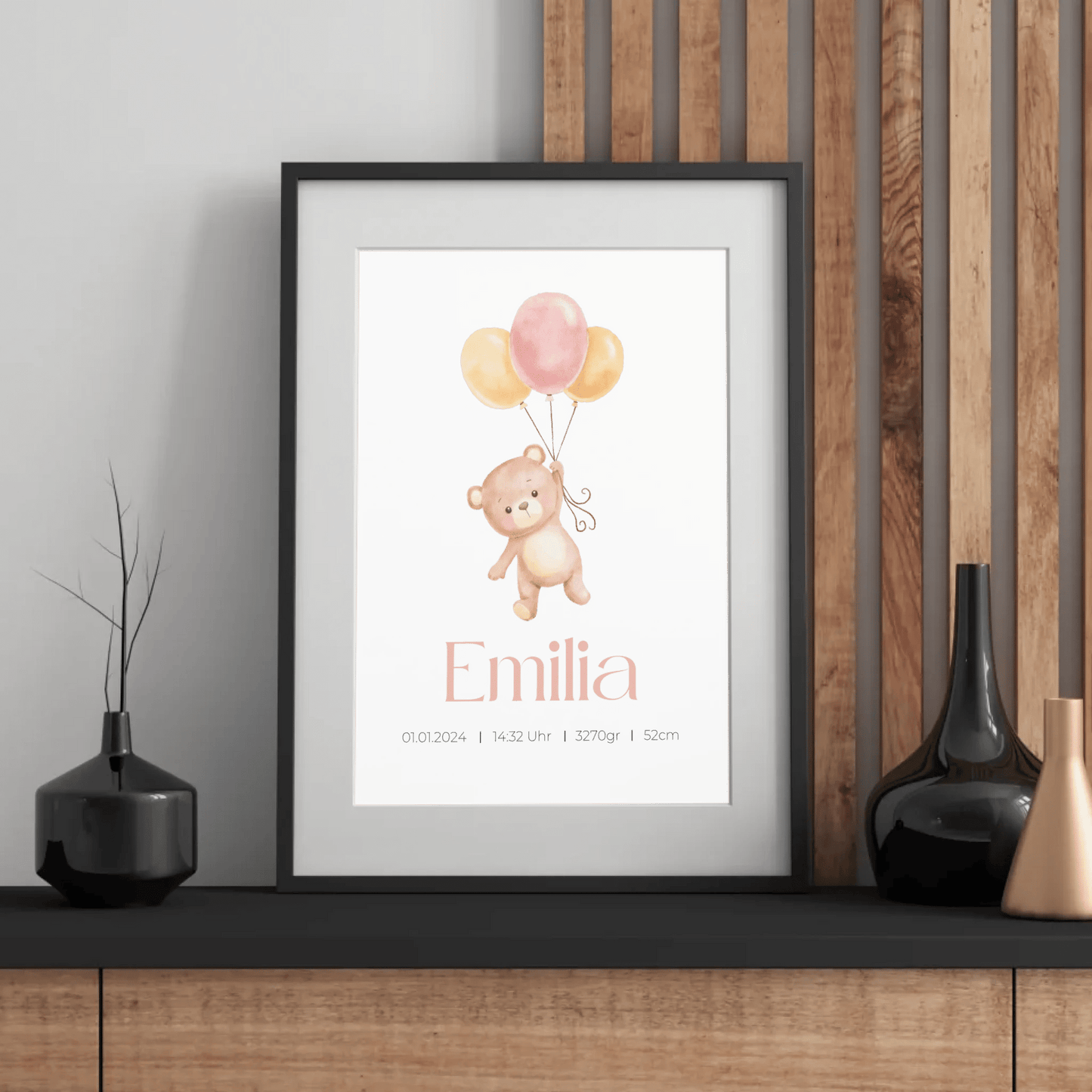 Personalisiertes Geburtsposter mit Bär, Luftballons und Geburtsdaten Little Mathilda Little Mathilda Poster
