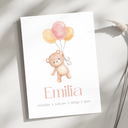Personalisiertes Geburtsposter mit Bär, Luftballons und Geburtsdaten Little Mathilda Little Mathilda Poster
