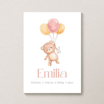 Personalisiertes Geburtsposter mit Bär, Luftballons und Geburtsdaten Little Mathilda Little Mathilda Poster