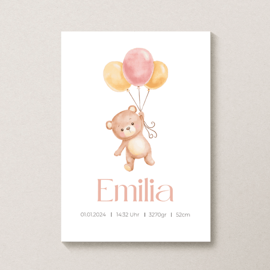 Personalisiertes Geburtsposter mit Bär, Luftballons und Geburtsdaten Little Mathilda Little Mathilda Poster