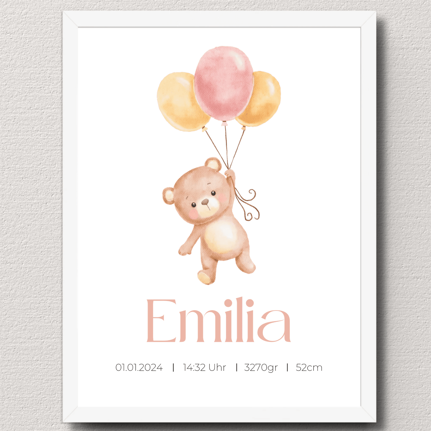 Personalisiertes Geburtsposter mit Bär, Luftballons und Geburtsdaten Little Mathilda Little Mathilda Poster