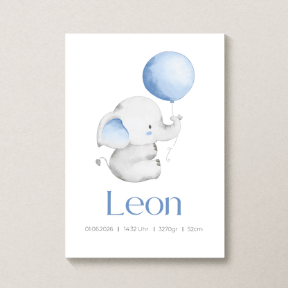 Personalisiertes Geburtsposter mit Elefant, Luftballon und Geburtsdaten Little Mathilda Little Mathilda Poster