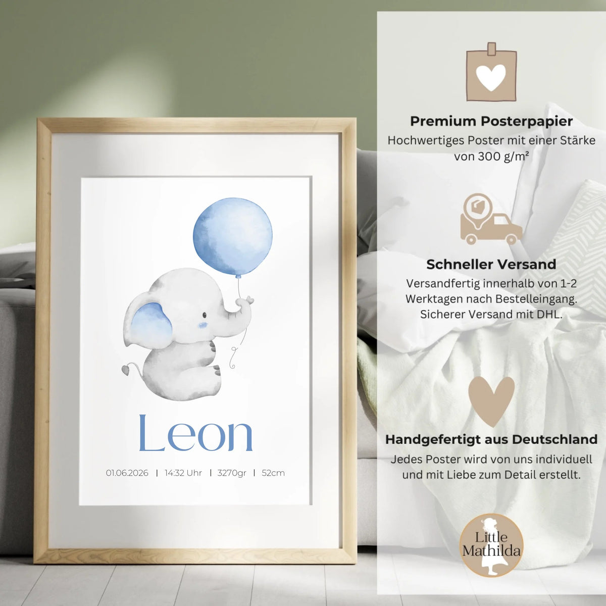 Personalisiertes Geburtsposter mit Elefant, Luftballon und Geburtsdaten Little Mathilda Little Mathilda Poster