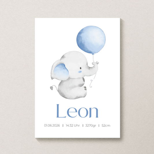Personalisiertes Geburtsposter mit Elefant, Luftballon und Geburtsdaten Little Mathilda Little Mathilda Poster