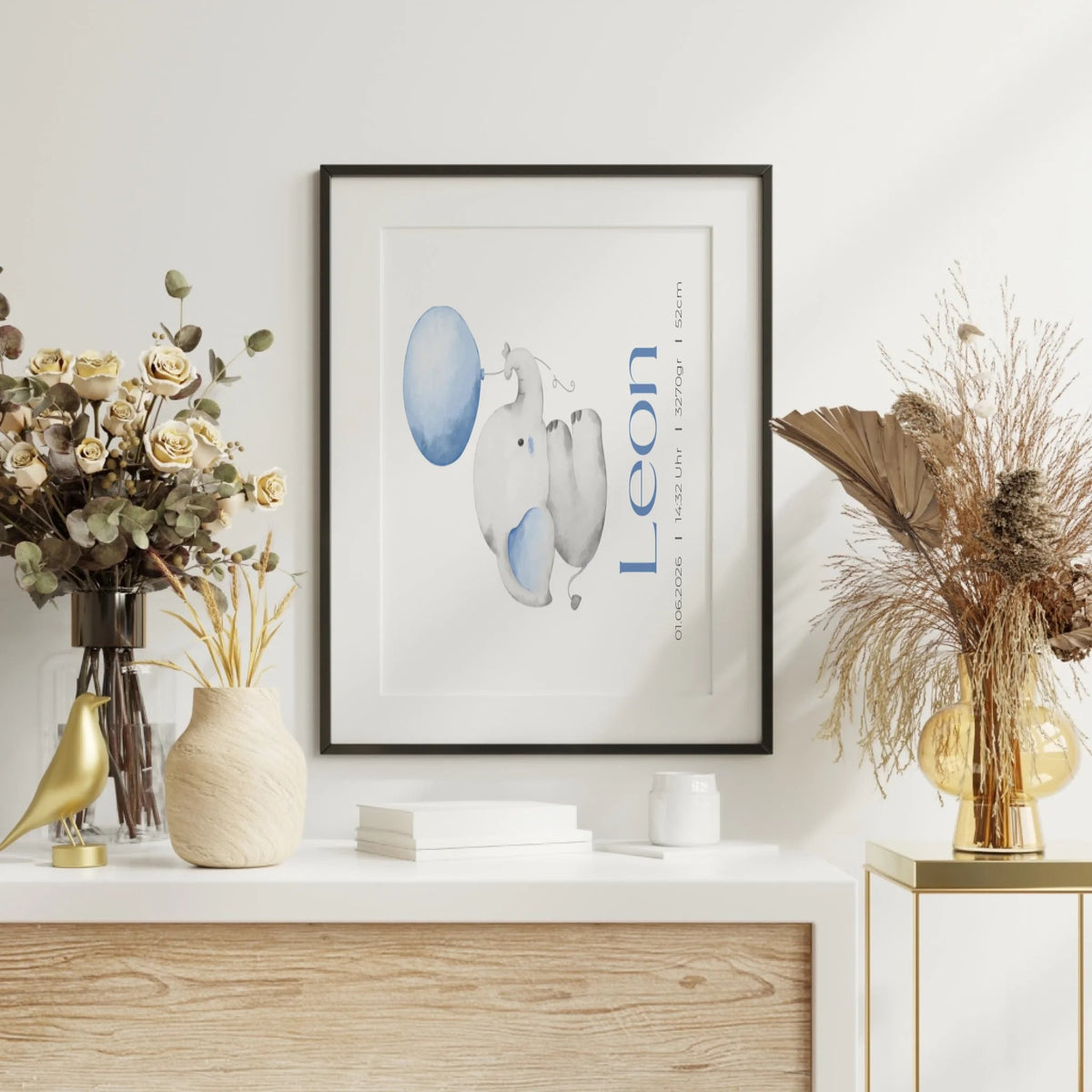 Personalisiertes Geburtsposter mit Elefant, Luftballon und Geburtsdaten Little Mathilda Little Mathilda Poster