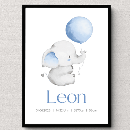 Personalisiertes Geburtsposter mit Elefant, Luftballon und Geburtsdaten Little Mathilda Little Mathilda Poster