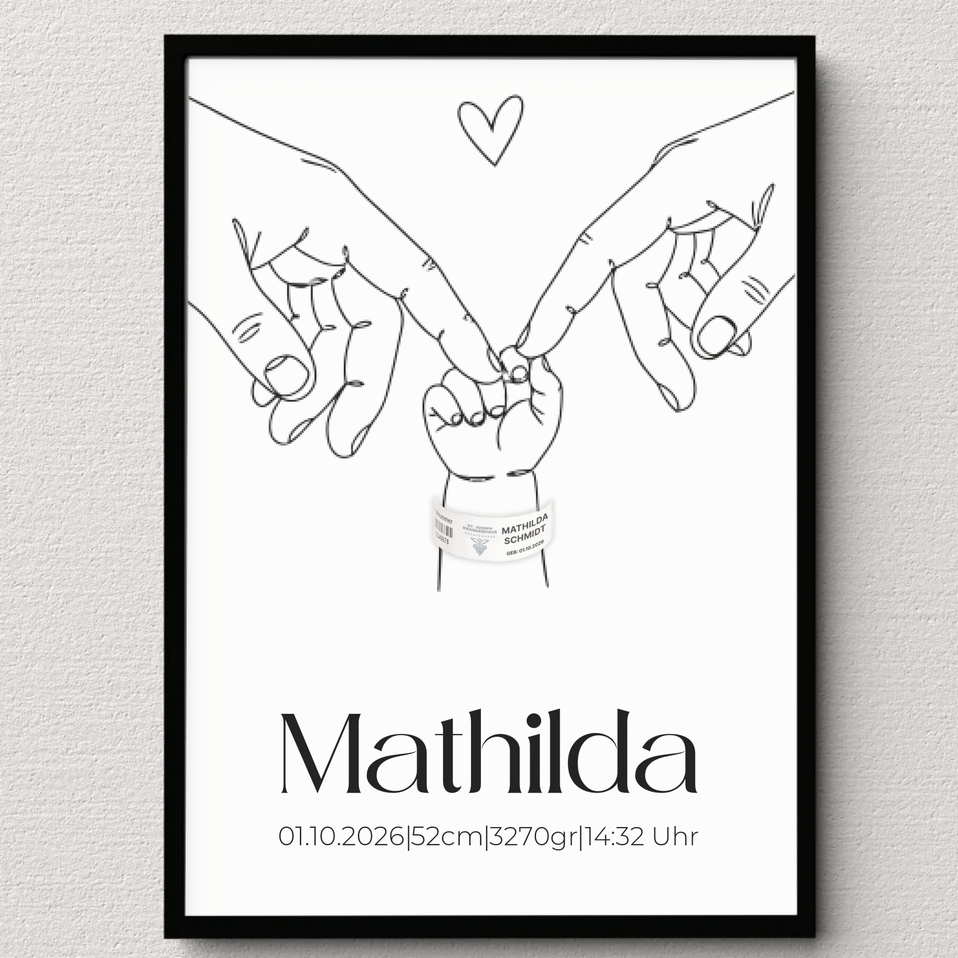 Personalisiertes Geburtsposter mit Babyhand und Elternhänden – minimalistisches Namensposter mit Geburtsdaten für das Kinderzimmer