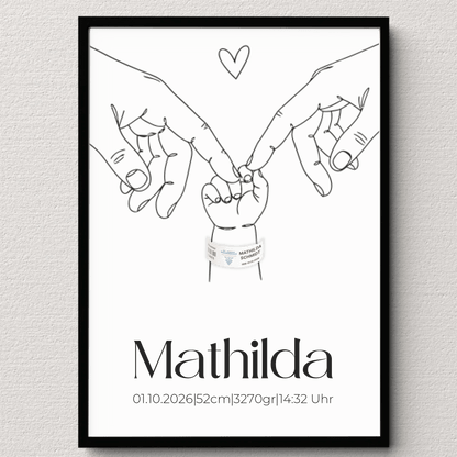 Personalisiertes Geburtsposter mit Babyhand und Elternhänden – minimalistisches Namensposter mit Geburtsdaten für das Kinderzimmer