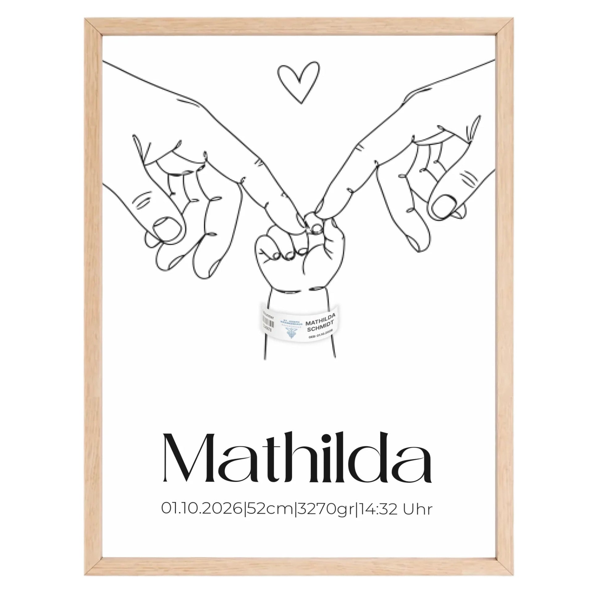 Personalisiertes Geburtsposter mit Babyhand Illustration – stilvolles Namensposter zur Geburt