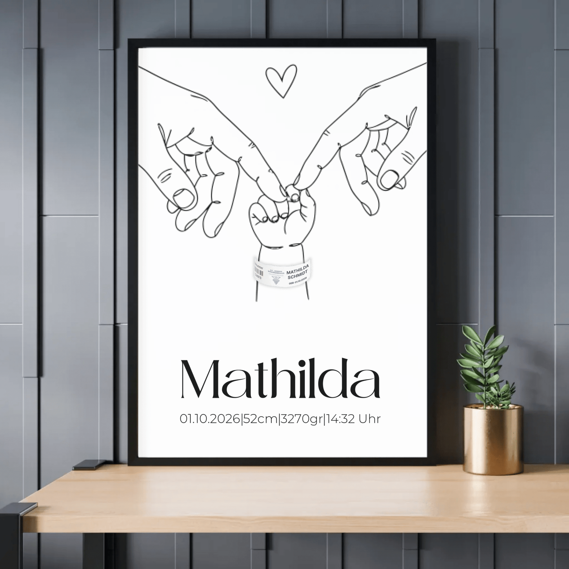 Schwarz-weißes Geburtsposter mit Line-Art-Händen – personalisiertes Poster fürs Kinderzimmer