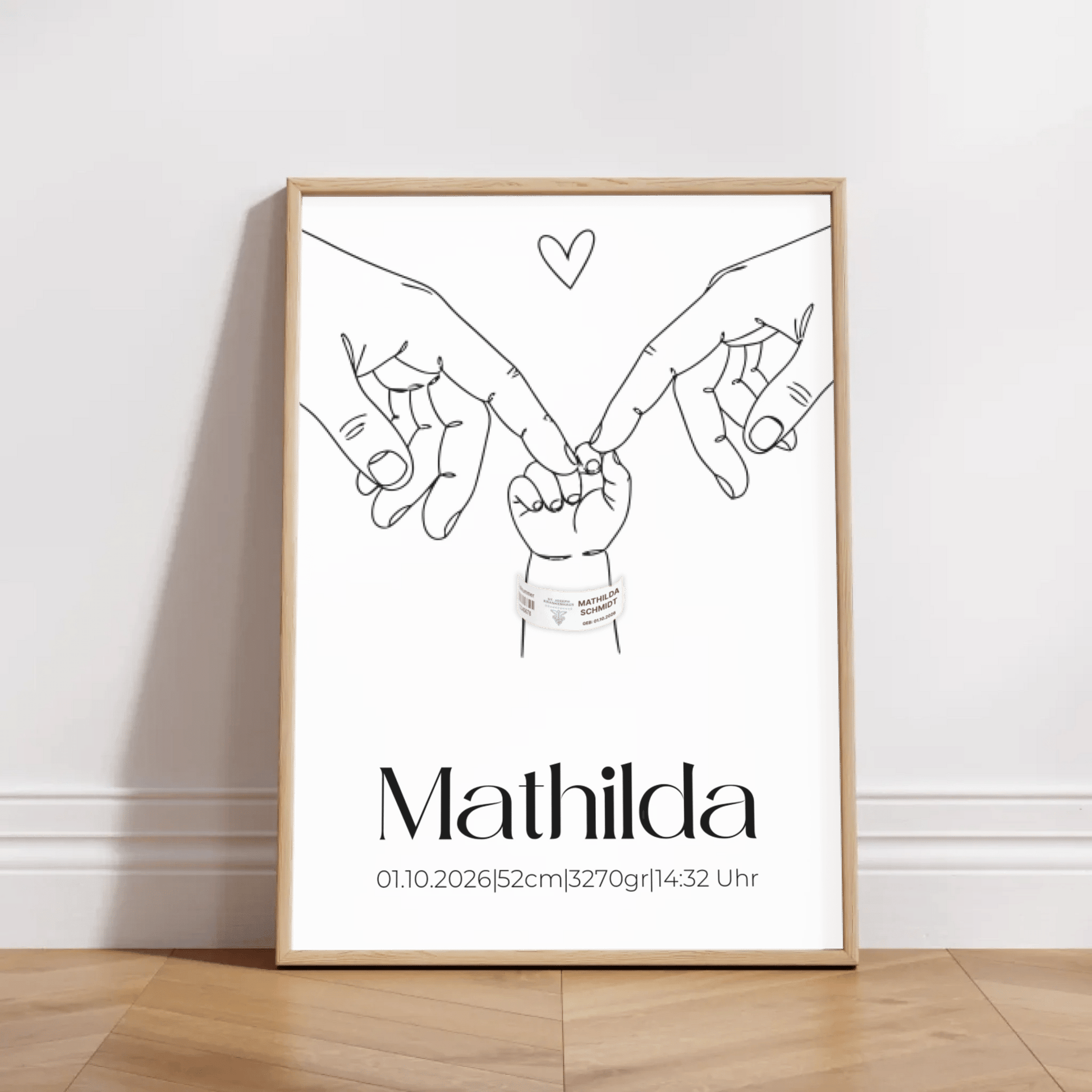 Line Art Geburtsposter mit Babyhand und Herz – personalisiertes Geschenk zur Geburt oder Taufe