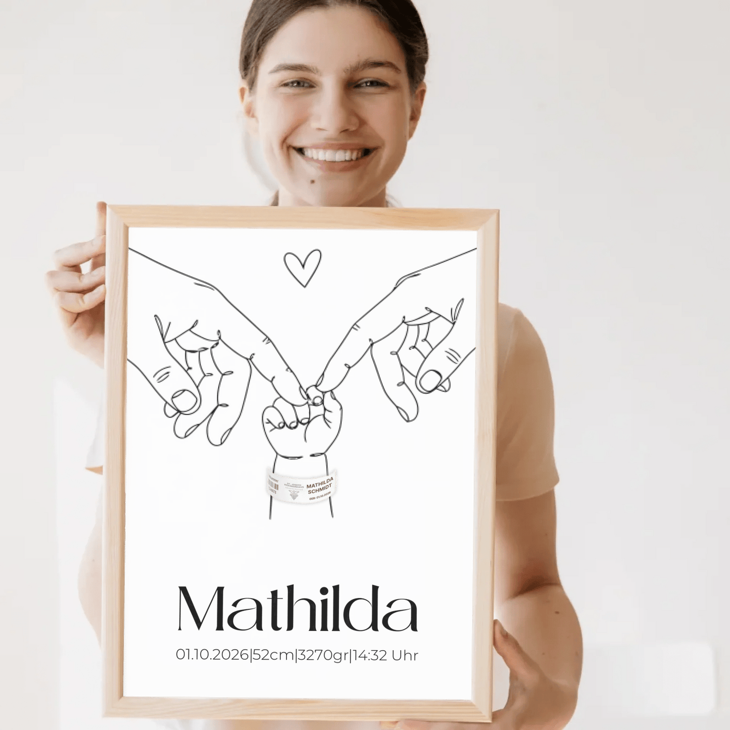 Minimalistisches Geburtsposter mit Line Art Hände Motiv – personalisiertes Baby Poster von Little Mathilda