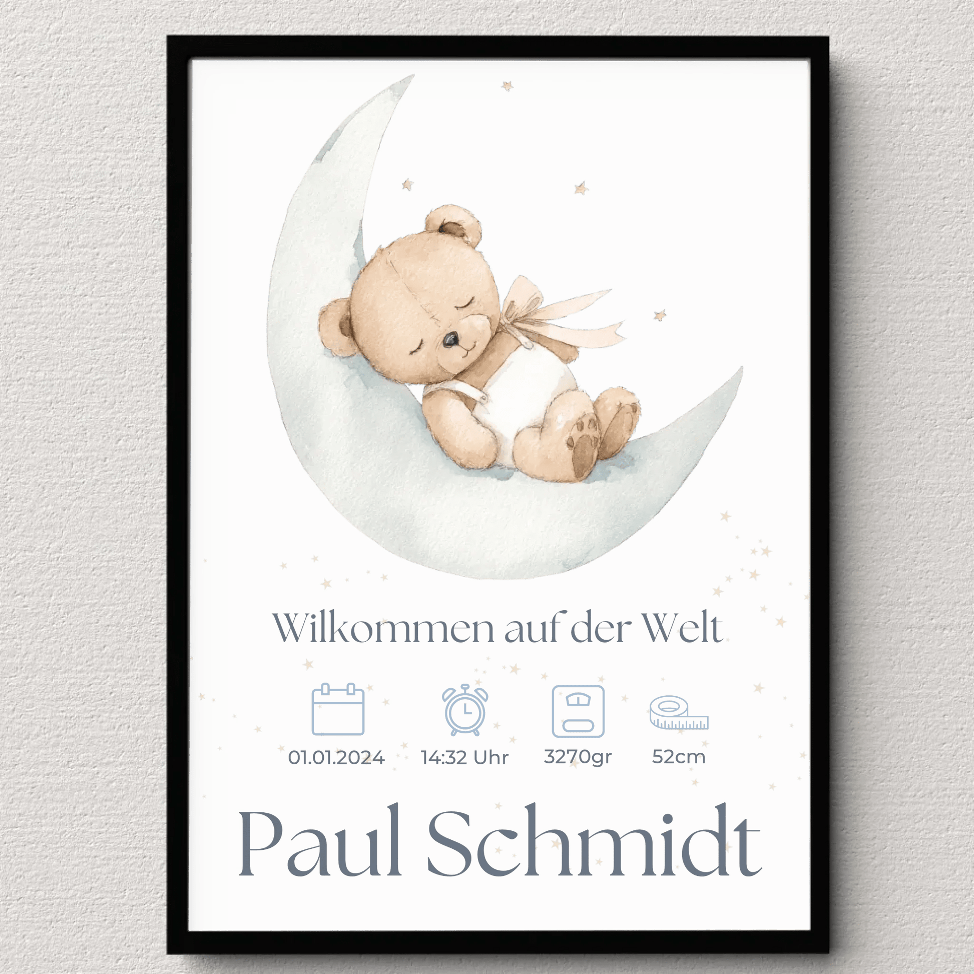 Personalisiertes Geburtsposter mit Babyhand und Elternhänden – minimalistisches Namensposter mit Geburtsdaten für das Kinderzimmer
