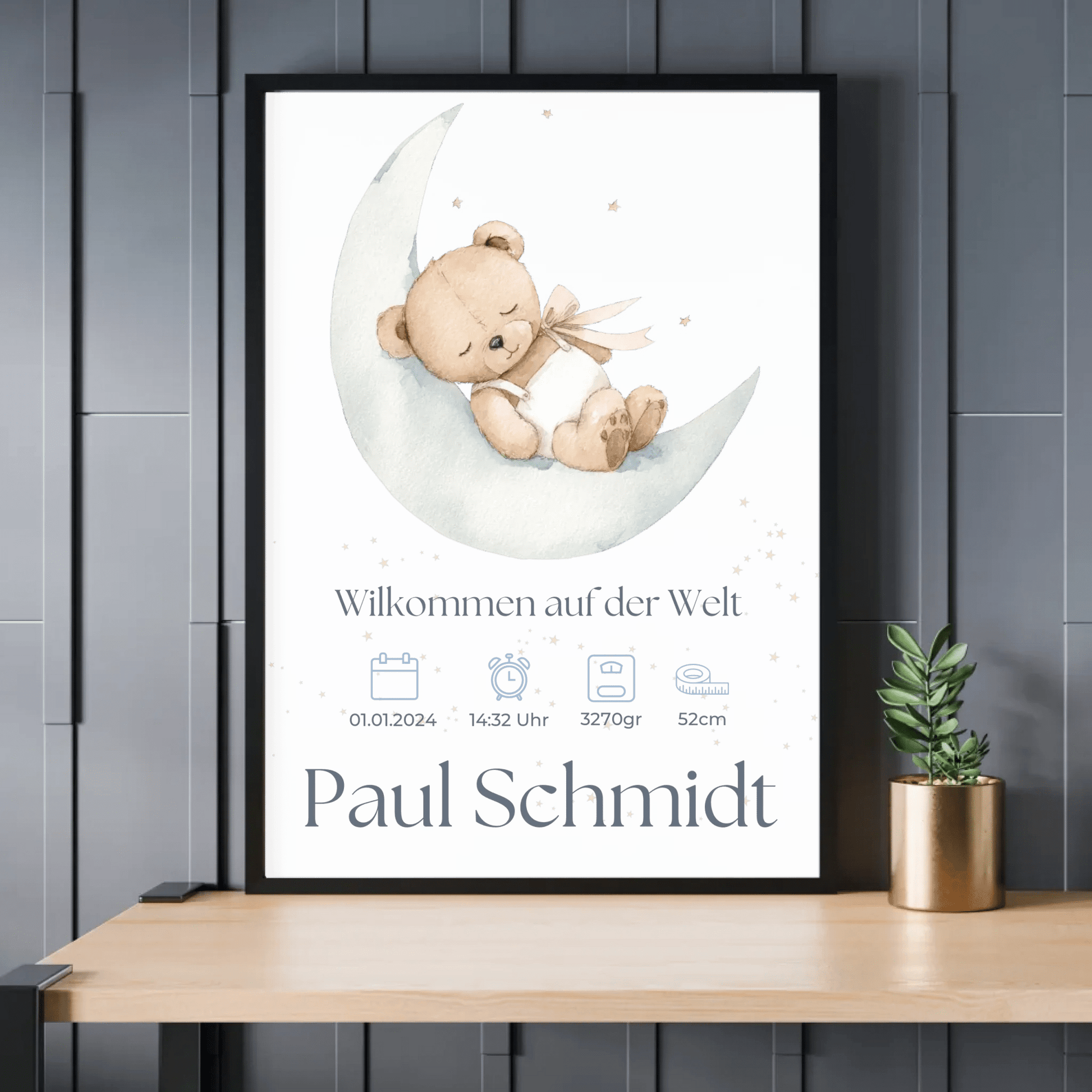 Schwarz-weißes Geburtsposter mit Line-Art-Händen – personalisiertes Poster fürs Kinderzimmer