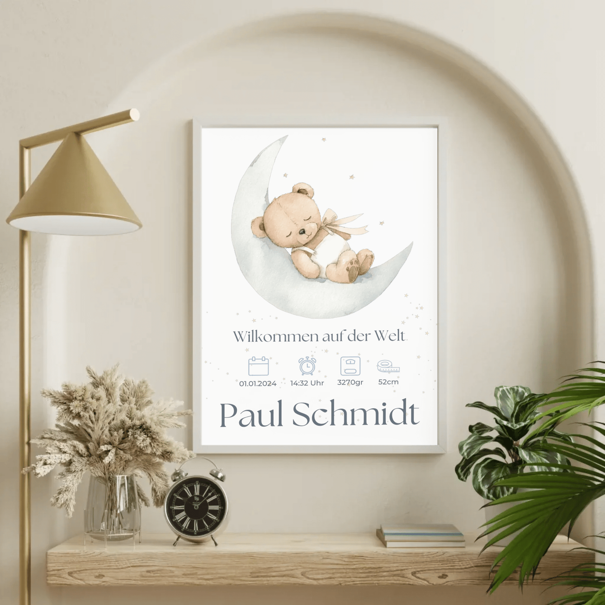 Geburtsposter mit Handillustration und Geburtsdaten – zeitloses Kinderzimmer Wandbild