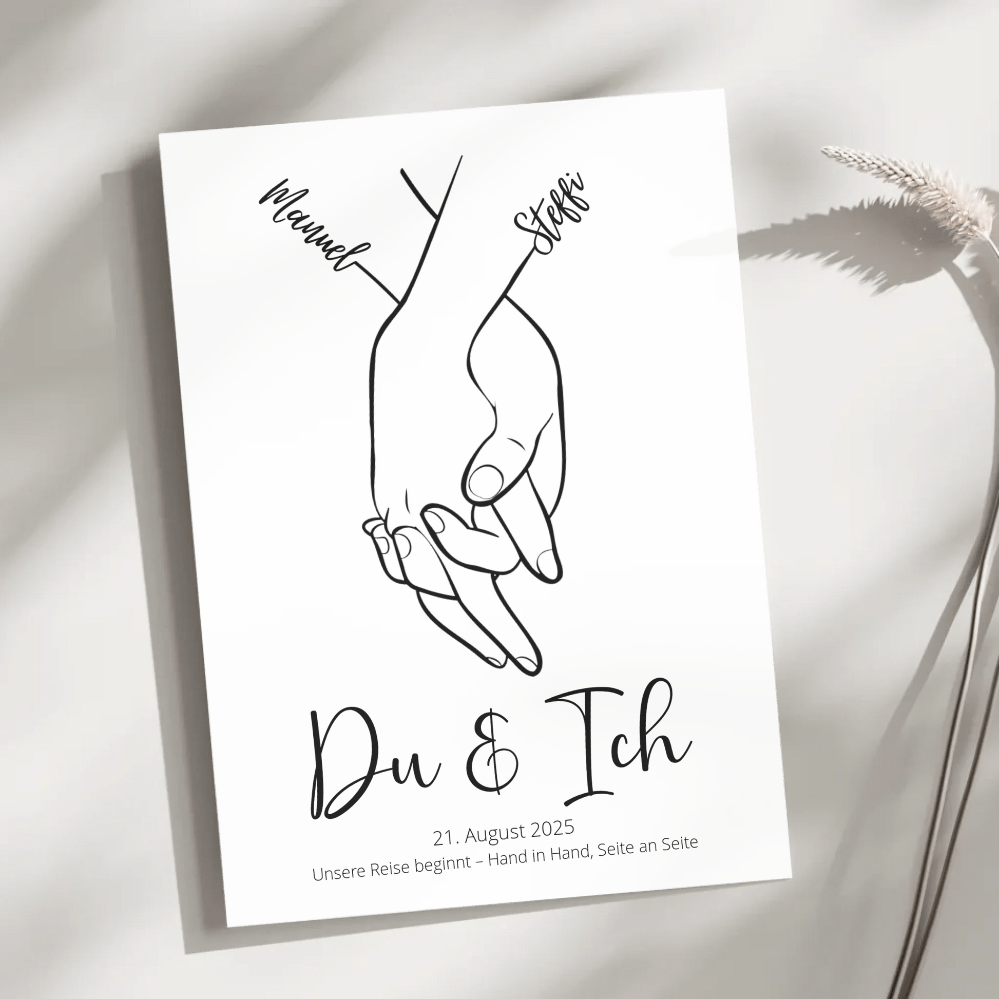 Personalisiertes Wandbild zur Hochzeit – stilvolle Line Art Hände mit Schriftzug „Du & Ich“ und individuellem Datum