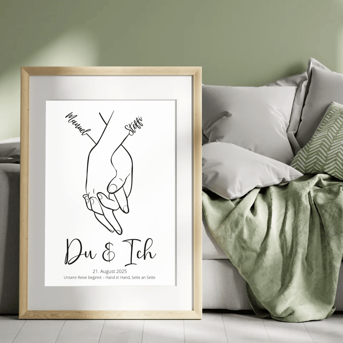 Personalisiertes Wandbild zur Hochzeit – stilvolle Line Art Hände mit Schriftzug „Du & Ich“ und individuellem Datum