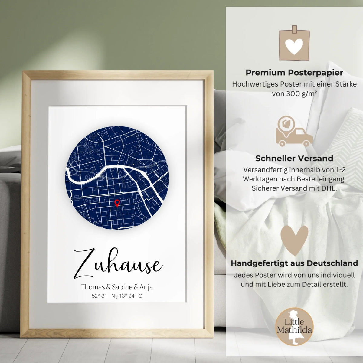 Personalisiertes Stadtkartenposter „Zuhause“ – Runde Karte in Dunkelblau mit Namen & Koordinaten | Familienposter Little Mathilda Little Mathilda Poster