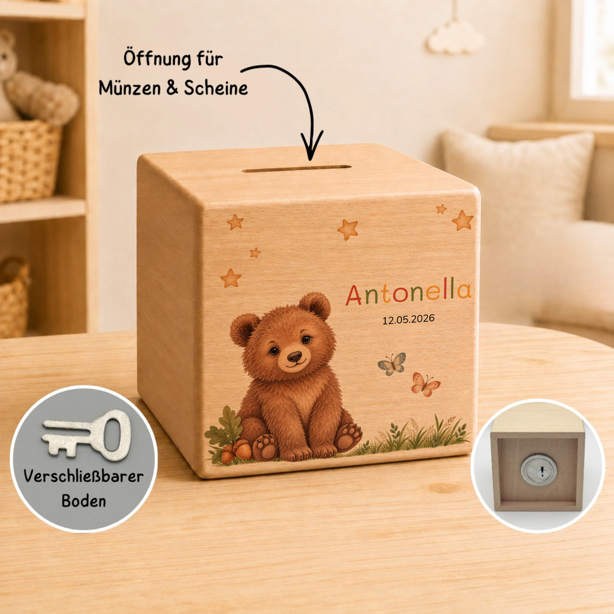 Personalisierte Holzspardose mit Bär, Name & Datum Little Mathilda Little Mathilda Spardose