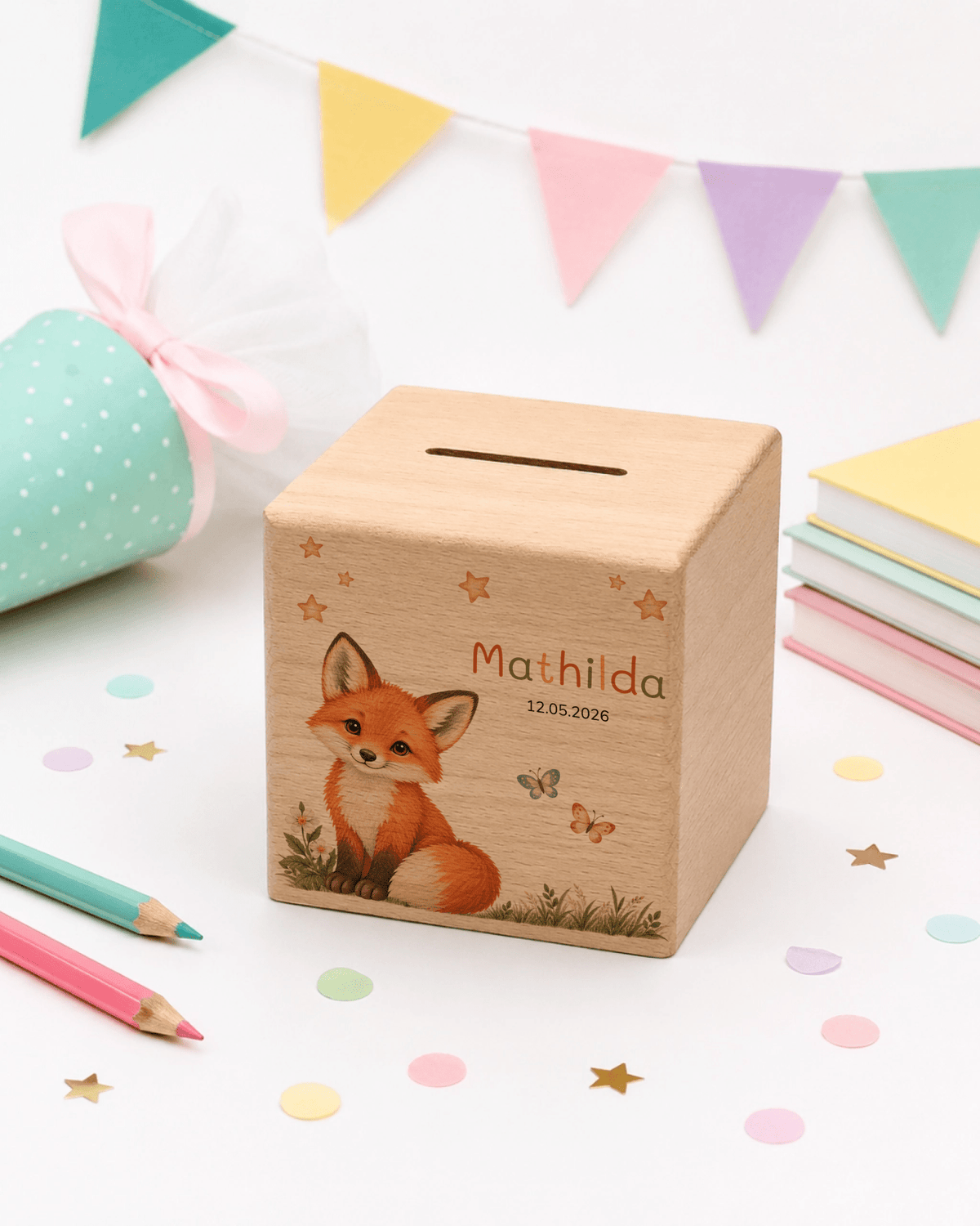Personalisierte Holzspardose mit Fuchs, Name & Datum Little Mathilda Little Mathilda Spardose