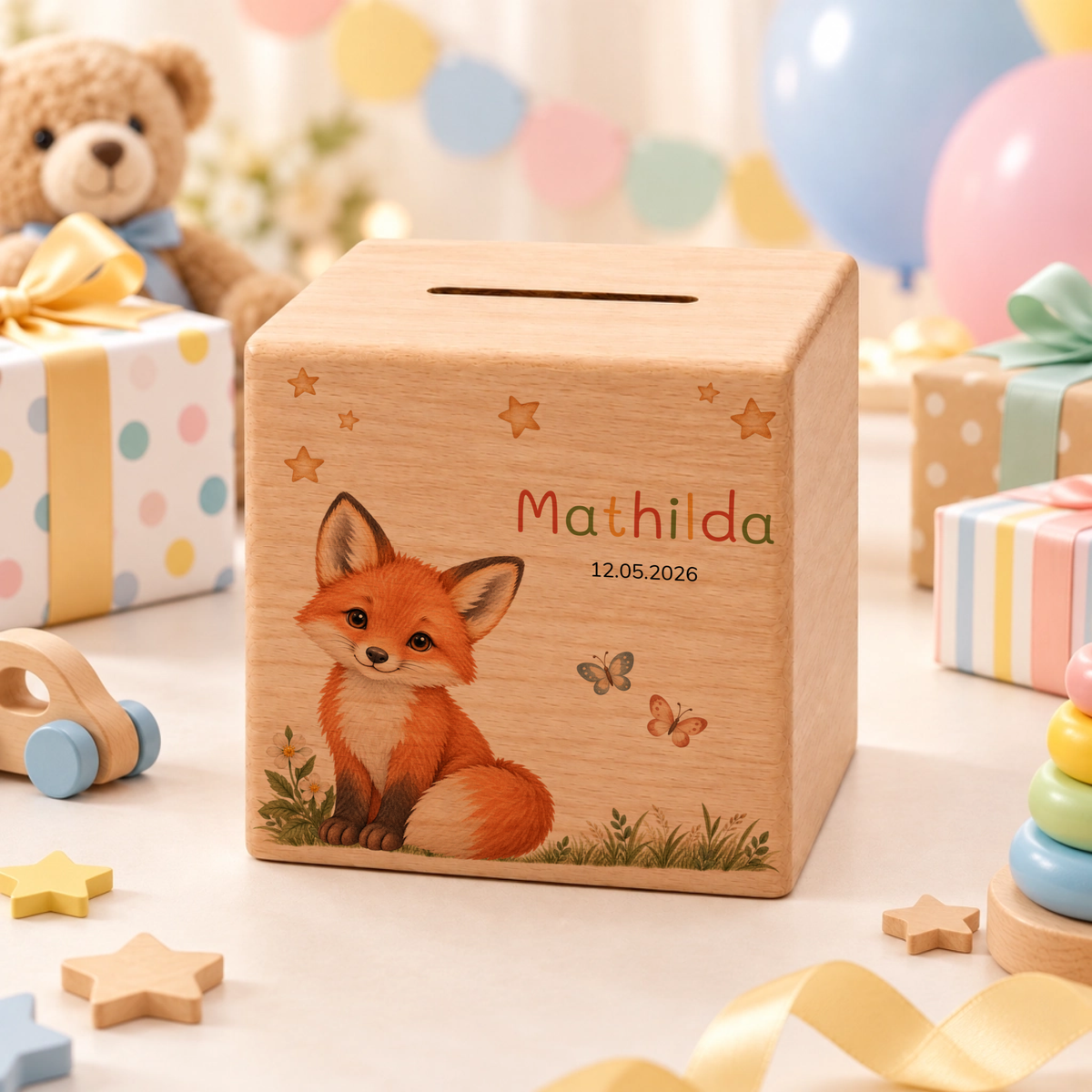 Personalisierte Holzspardose mit Fuchs, Name & Datum Little Mathilda Little Mathilda Spardose