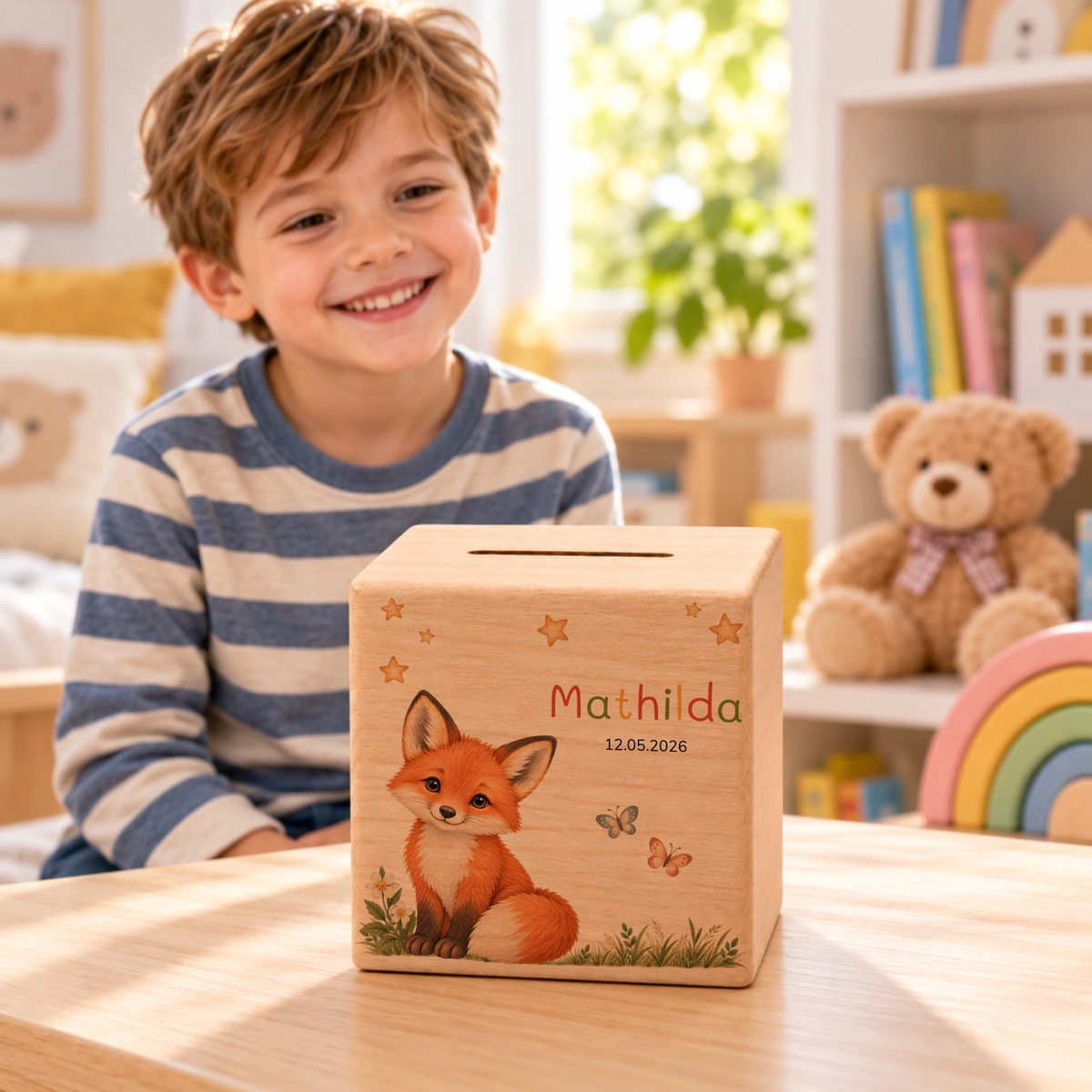 Personalisierte Holzspardose mit Fuchs, Name & Datum Little Mathilda Little Mathilda Spardose
